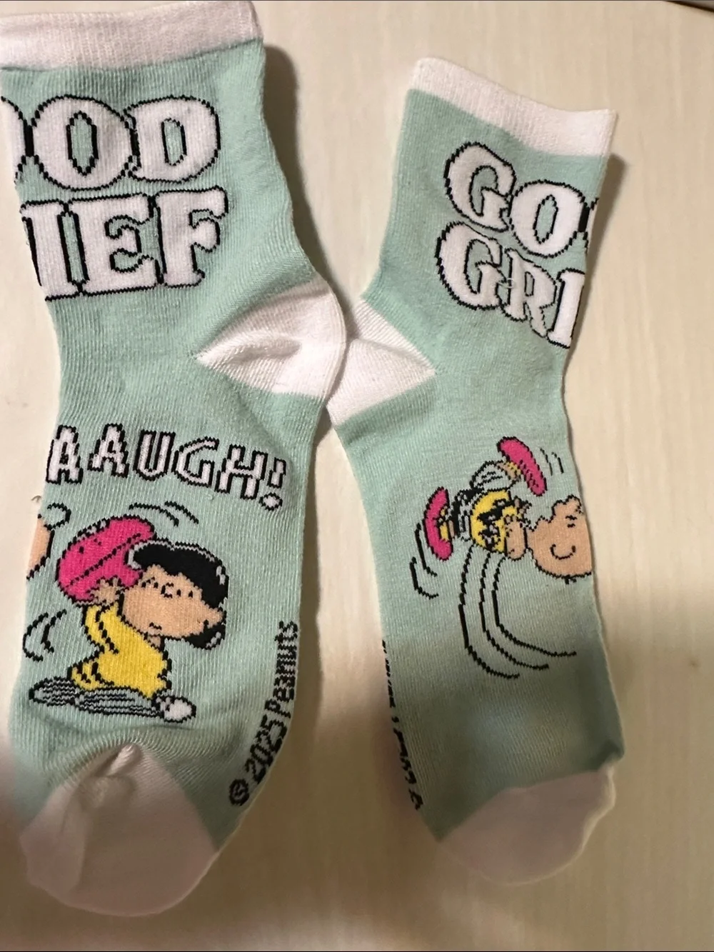 Peanuts Mint and White Lucy & Charlie Brown Cartoon Shortie Crew Socks